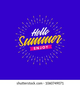 summer holiday logo template, sticker, banner, stamp, label. Beach, palm tree and sunset vector illustration