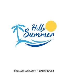 summer holiday logo template, sticker, banner, stamp, label. Beach, palm tree and sunset vector illustration