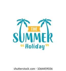 summer holiday logo template, sticker, banner, stamp, label. Beach, palm tree and sunset vector illustration
