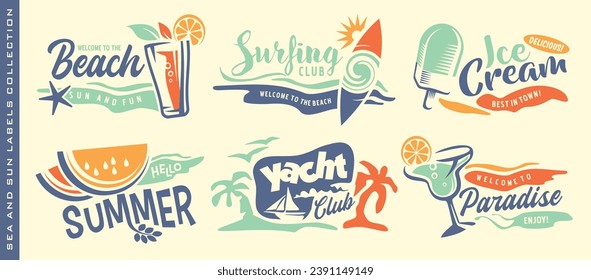 Summer holiday logos and labels collection. Sun and sea fun on the beach vector set with watermelons, ice cream, tropical cocktail bar and surfing board graphics.