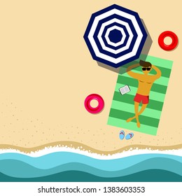 Summer holiday man enjoy sun bath on swim ring at beach seaside for relax vector background with copy space.