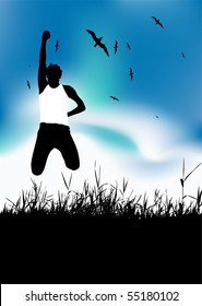 Summer holiday, man is jumping on meadow, black silhouette