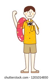 Summer holiday, man wears hawaii clothe and beige trousers, hat, swim ring and hold camera. This can use for advertising, poster and decorate your blog or website. 