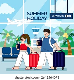 Feriado de Verão. Um homem e uma mulher que vieram ao aeroporto para ir de férias de verão. Eles estão caminhando dentro do aeroporto com a bagagem animada.