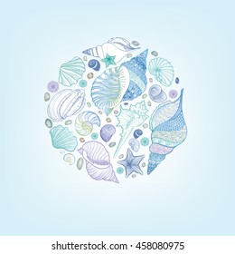 Summer holiday marine background. Vector greeting card with sea-shells, sea star and sand.