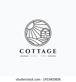 Summer holiday minimalist countryside wooden cabin vector illustration design. Simple line art cottage emblem logo concept.