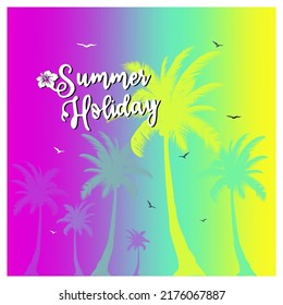 Summer holiday. Modern wallpaper, illustration, design with flat palm trees on bright colorful trendy gradient background. Vivid cheerful summer flyer, poster, fabric print design in vector