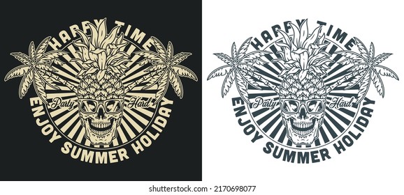 Summer holiday monochrome vintage element pineapple in form of party-goer head in sunglasses enjoy rave on sea beach vector illustration