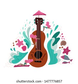 Summer holiday Music metaphor flat illustration. Cartoon girls near huge guitar hand drawn character. Scandinavian style decorative waves and shells.Music festival promo banner, poster design element.