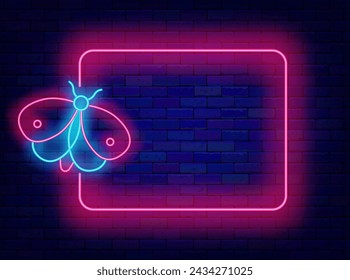 Summer holiday neon advertising. Season vacation. Empty pink frame and butterfly symbol. Travel agency. Copy space. Glowing flyer. Editing text. Vector stock illustration