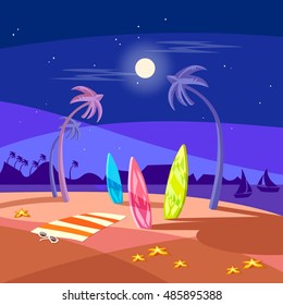 Summer holiday night beach scene summer beach cartoon palm trees, surfboards vector cartoon 