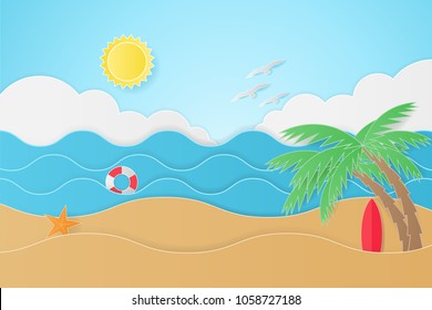 Summer Holiday on the beach, Background Design Paper Art Style-Vector Illustration