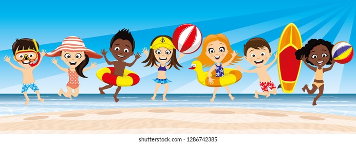 Summer holiday on the beach and a group of happy children in a jump.