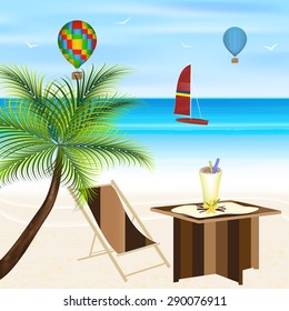 Summer holiday on the beach. Palm tree, lounger, sailboat, flying balloons and beach table. Vector illustration.