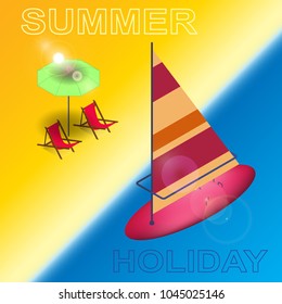 A summer holiday on the beach, sea sports, and fun. Isolated elements. Bright background. in vector