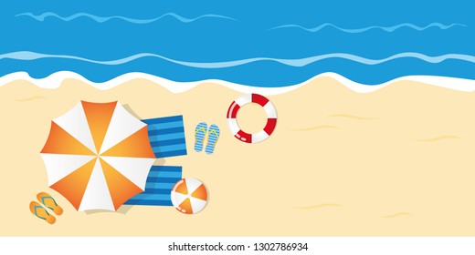 summer holiday on the beach top view with parasol flip flops ball and lifebelt vector illustration EPS10