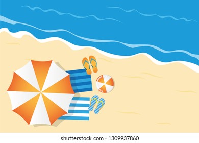 summer holiday on the beach top view with parasol flip flops and ball vector illustration EPS10