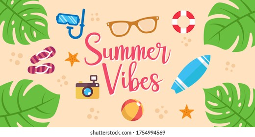 Summer Holiday on the beach Vector Illustration. Summer vacation Vector flat design illustration. Abstract Summer background design template for banner, flyer, invitation, poster, brochure.