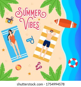 Summer Holiday on the beach Vector Illustration. Summer vacation Vector flat design illustration. Abstract Summer background design template for banner, flyer, invitation, poster, brochure.
