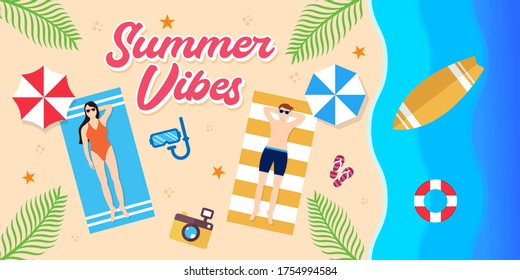 Summer Holiday on the beach Vector Illustration. Summer vacation Vector flat design illustration. Abstract Summer background design template for banner, flyer, invitation, poster, brochure.