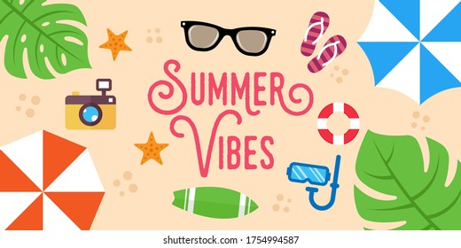 Summer Holiday on the beach Vector Illustration. Summer vacation Vector flat design illustration. Abstract Summer background design template for banner, flyer, invitation, poster, brochure.