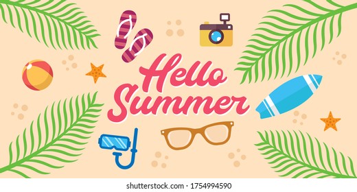 Summer Holiday on the beach Vector Illustration. Summer vacation Vector flat design illustration. Abstract Summer background design template for banner, flyer, invitation, poster, brochure.