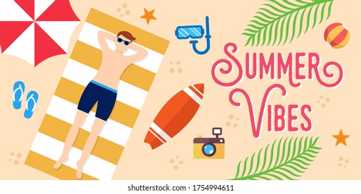 Verano en la playa Vector Illustración. Ilustración de diseño plano Vector de verano. Resumen Plantilla de diseño de fondo de verano para banner, volante, invitación, afiche, folleto.