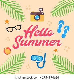 Sommerurlaub am Strand Vektorgrafik. Sommerurlaub Vektor Wohnung Design Illustration. Abstrakte Sommerhintergrund-Design-Vorlage für Banner, Flyer, Einladung, Poster, Broschüre.