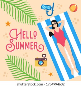 Verano en la playa Vector Illustración. Ilustración de diseño plano Vector de verano. Resumen Plantilla de diseño de fondo de verano para banner, volante, invitación, afiche, folleto.