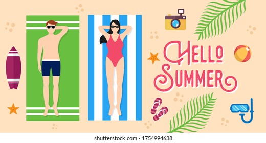 Summer Holiday on the beach Vector Illustration. Summer vacation Vector flat design illustration. Abstract Summer background design template for banner, flyer, invitation, poster, brochure.
