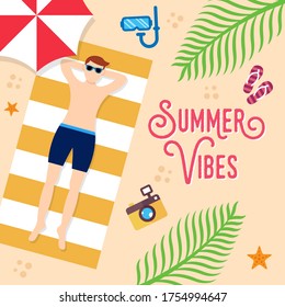 Verano en la playa Vector Illustración. Ilustración de diseño plano Vector de verano. Resumen Plantilla de diseño de fondo de verano para banner, volante, invitación, afiche, folleto.