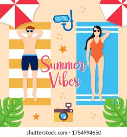 Summer Holiday on the beach Vector Illustration. Summer vacation Vector flat design illustration. Abstract Summer background design template for banner, flyer, invitation, poster, brochure.