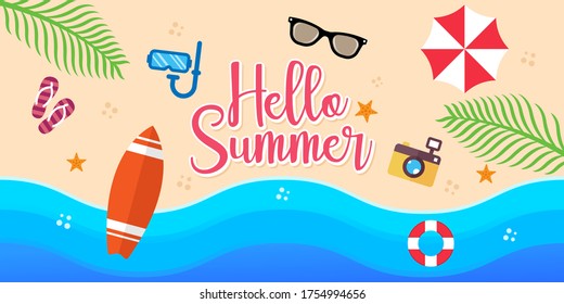 Verano en la playa Vector Illustración. Ilustración de diseño plano Vector de verano. Resumen Plantilla de diseño de fondo de verano para banner, volante, invitación, afiche, folleto.