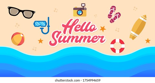 Summer Holiday on the beach Vector Illustration. Summer vacation Vector flat design illustration. Abstract Summer background design template for banner, flyer, invitation, poster, brochure.