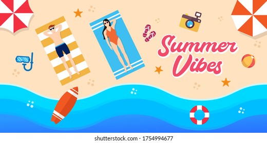 Summer Holiday on the beach Vector Illustration. Summer vacation Vector flat design illustration. Abstract Summer background design template for banner, flyer, invitation, poster, brochure.
