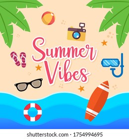 Summer Holiday on the beach Vector Illustration. Summer vacation Vector flat design illustration. Abstract Summer background design template for banner, flyer, invitation, poster, brochure.