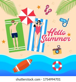 Summer Holiday on the beach Vector Illustration. Summer vacation Vector flat design illustration. Abstract Summer background design template for banner, flyer, invitation, poster, brochure.