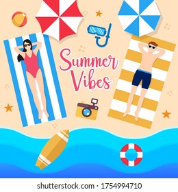 Sommerurlaub am Strand Vektorgrafik. Sommerurlaub Vektor Wohnung Design Illustration. Abstrakte Sommerhintergrund-Design-Vorlage für Banner, Flyer, Einladung, Poster, Broschüre.