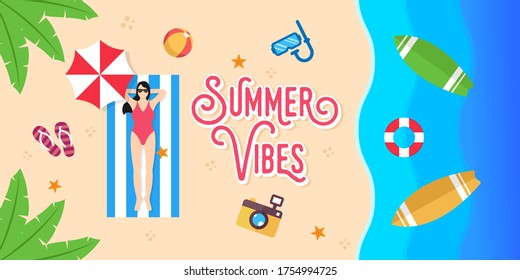 Summer Holiday on the beach Vector Illustration. Summer vacation Vector flat design illustration. Abstract Summer background design template for banner, flyer, invitation, poster, brochure.