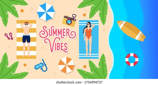 Summer Holiday on the beach Vector Illustration. Summer vacation Vector flat design illustration. Abstract Summer background design template for banner, flyer, invitation, poster, brochure.