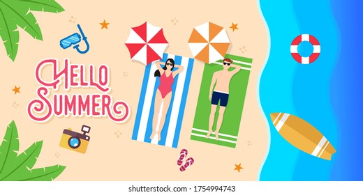Summer Holiday on the beach Vector Illustration. Summer vacation Vector flat design illustration. Abstract Summer background design template for banner, flyer, invitation, poster, brochure.