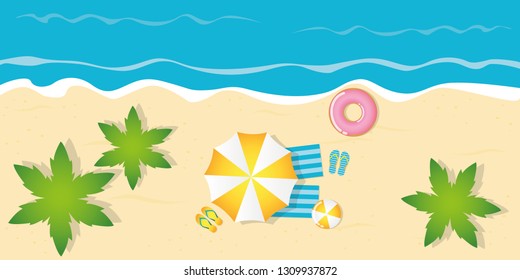 summer holiday on palm beach top view with parasol flip flops ball and floating tire vector illustration EPS10