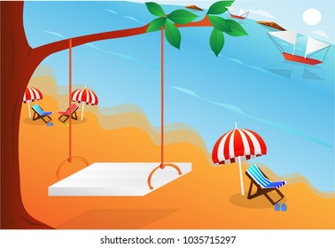 summer holiday on sea beach vector, tree and white chair, umbrella and bed on sand beach with blue sea background, family vacation, vector art and illustration.