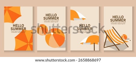 Summer holiday on sea and sand beach poster banner design, hello summer Minimalist background with palm leaves cards balls, umbrella, fun concept design for sale, post template.
