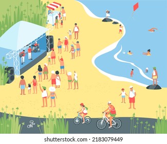 Vacaciones de verano a orillas del mar. Padre e hija montan bicicletas en el camino de la bicicleta. En verano, la gente escucha música a orillas del mar. Los niños comen helado. Ilustración vectorial plana