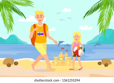Summer Holiday on Tropical Island Illustration. Photographer with Backpack Flat Drawing. Holidaymakers on Sea Resort. Sand Castle on Beach. Girl with Ball Vector Character. Exotic Journey