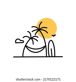 summer holiday on tropical island beach simple minimal logo badge design. double tree with hammock and surfing board vector illustration