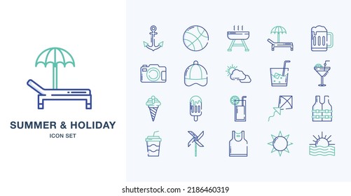 Summer and Holiday outline coloured icon set