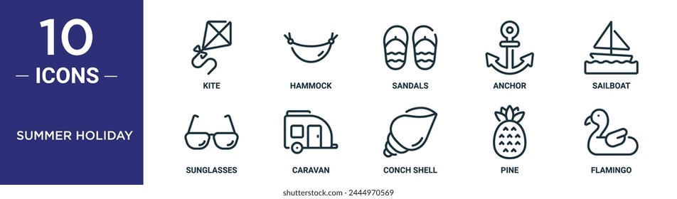 summer holiday outline icon set includes thin line kite, hammock, sandals, anchor, sailboat, sunglasses, caravan icons for report, presentation, diagram, web design