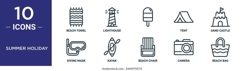 summer holiday outline icon set includes thin line beach towel, lighthouse,  , tent, sand castle, diving mask, kayak icons for report, presentation, diagram, web design